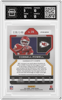 Cornell Powell from the 2021 Panini Prizm set featuring a Red Wave parallel graded by Arena Club and given an overall grade of 9.5.