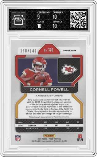 Cornell Powell from the 2021 Panini Prizm set featuring a Red Wave parallel graded by Arena Club and given an overall grade of 9.5.