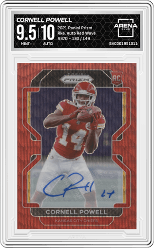 Cornell Powell from the 2021 Panini Prizm set featuring a Red Wave parallel graded by Arena Club and given an overall grade of 9.5.