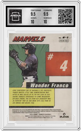 Wander Franco from the 2022 Panini Donruss set graded by Arena Club and given an overall grade of 10.