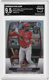 Jordan Walker from the 2023 Topps National Convention Wrapper Redemption  set graded by Arena Club and given an overall grade of 9.5.