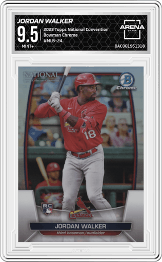 Jordan Walker from the 2023 Topps National Convention Wrapper Redemption  set graded by Arena Club and given an overall grade of 9.5.