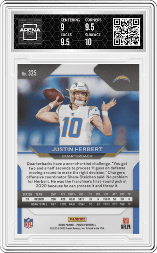 Justin Herbert from the 2020 Panini Prizm set graded by Arena Club and given an overall grade of 9.5.