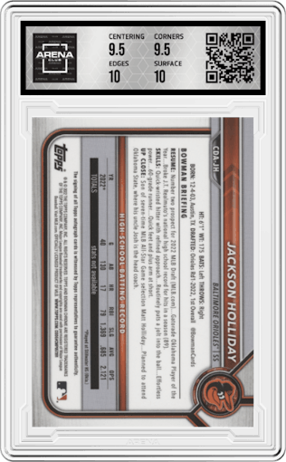 Jackson Holiday from the 2022 Bowman Draft set graded by Arena Club and given an overall grade of 10.