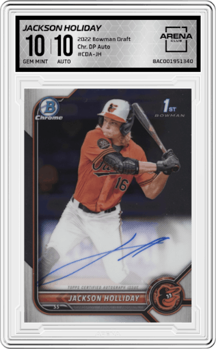 Jackson Holiday from the 2022 Bowman Draft set graded by Arena Club and given an overall grade of 10.
