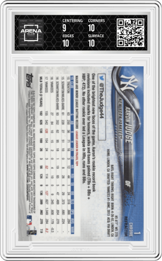 Aaron Judge from the 2018 Topps Chrome set featuring a Refractor   parallel graded by Arena Club and given an overall grade of 9.5.
