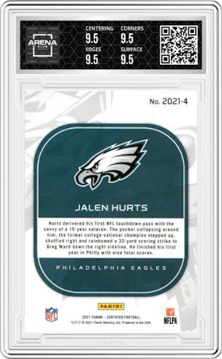 Jalen Hurts from the 2021 Panini Certified set featuring a Mirror Orange parallel graded by Arena Club and given an overall grade of 9.5.