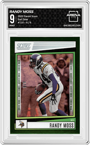 Randy Moss from the 2022 Panini Score set featuring a End Zone parallel graded by Arena Club and given an overall grade of 9.