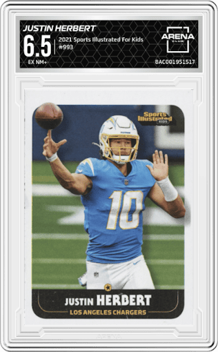 Justin Herbert from the 2021 Sports Illustrated For Kids set graded by Arena Club and given an overall grade of 6.5.