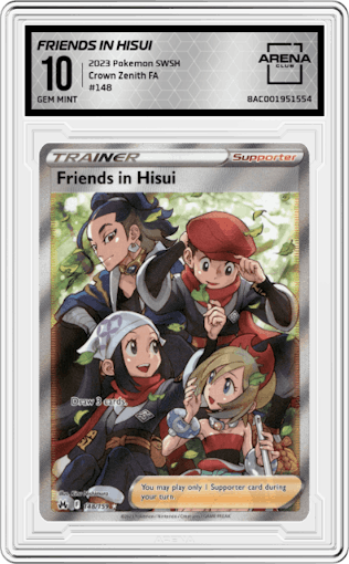 Friends in Hisui from the 2023 Pokemon SWSH set graded by Arena Club and given an overall grade of 10.