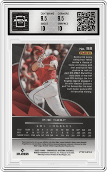 Mike Trout from the 2022 Panini Chronicles set featuring a Holo parallel graded by Arena Club and given an overall grade of 10.