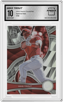 Mike Trout from the 2022 Panini Chronicles set featuring a Holo parallel graded by Arena Club and given an overall grade of 10.