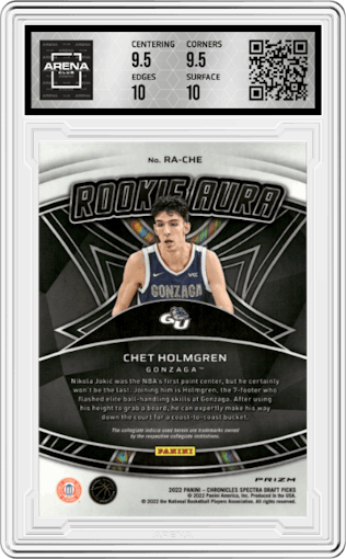 Chet Holmgren from the 2022-23 Panini Chronicles Draft Picks set graded by Arena Club and given an overall grade of 10.