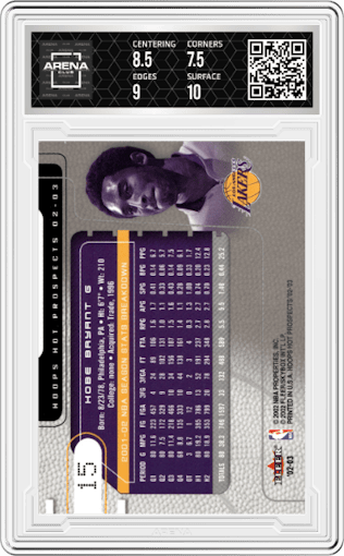 Kobe Bryant from the 2002-03 Hoops Hot Prospects set graded by Arena Club and given an overall grade of 8.