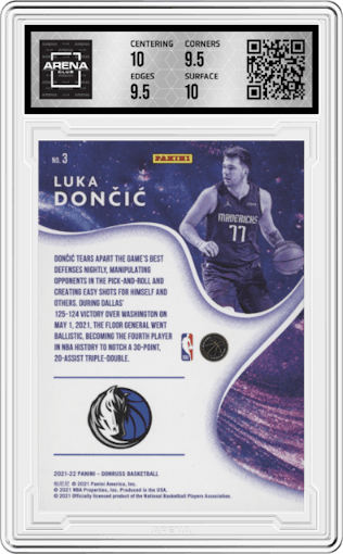 Luka Doncic from the 2021-22 Panini Donruss set featuring a Green Ice Holo parallel graded by Arena Club and given an overall grade of 10.