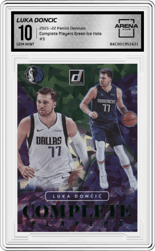 Luka Doncic from the 2021-22 Panini Donruss set featuring a Green Ice Holo parallel graded by Arena Club and given an overall grade of 10.