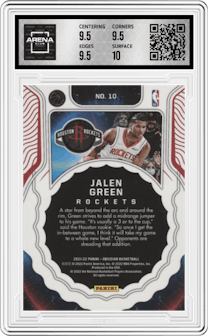 Jalen Green from the 2021-22 Panini Obsidian set featuring a Electric Etch Red Flood parallel graded by Arena Club and given an overall grade of 10.