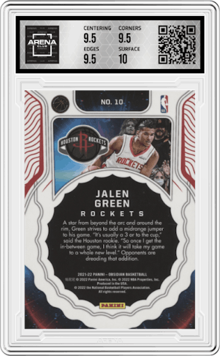 Jalen Green from the 2021-22 Panini Obsidian set featuring a Electric Etch Red Flood parallel graded by Arena Club and given an overall grade of 10.