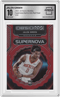 Jalen Green from the 2021-22 Panini Obsidian set featuring a Electric Etch Red Flood parallel graded by Arena Club and given an overall grade of 10.
