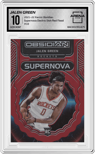 Jalen Green from the 2021-22 Panini Obsidian set featuring a Electric Etch Red Flood parallel graded by Arena Club and given an overall grade of 10.