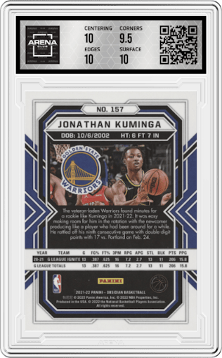 Jonathan Kuminga from the 2021-22 Panini Obsidian set featuring a Electric Etch Red Flood parallel graded by Arena Club and given an overall grade of 10.
