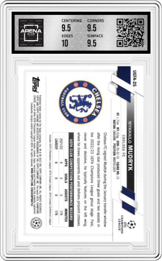 Mykhailo Mudryk from the 2023 Topps National Convention Wrapper Redemption  set graded by Arena Club and given an overall grade of 10.