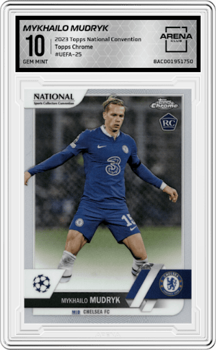 Mykhailo Mudryk from the 2023 Topps National Convention Wrapper Redemption  set graded by Arena Club and given an overall grade of 10.
