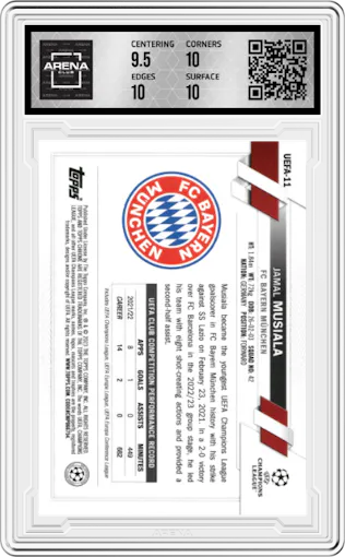 Jamal Musiala from the 2023 Topps National Convention Wrapper Redemption  set graded by Arena Club and given an overall grade of 10.