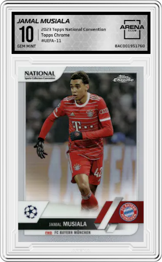 Jamal Musiala from the 2023 Topps National Convention Wrapper Redemption  set graded by Arena Club and given an overall grade of 10.