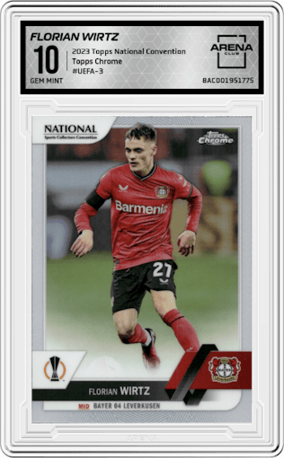 Florian Wirtz from the 2023 Topps National Convention Wrapper Redemption  set graded by Arena Club and given an overall grade of 10.