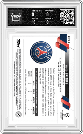 Hugo Ekitike from the 2023 Topps National Convention Wrapper Redemption  set graded by Arena Club and given an overall grade of 9.5.