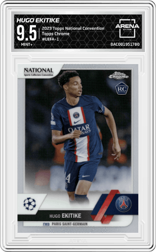 Hugo Ekitike from the 2023 Topps National Convention Wrapper Redemption  set graded by Arena Club and given an overall grade of 9.5.