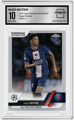 Hugo Ekitike from the 2023 Topps National Convention Wrapper Redemption  set graded by Arena Club and given an overall grade of 10.