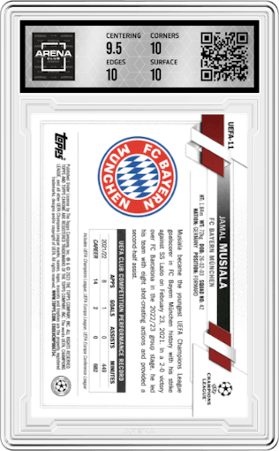 Jamal Musiala from the 2023 Topps National Convention Wrapper Redemption  set graded by Arena Club and given an overall grade of 10.