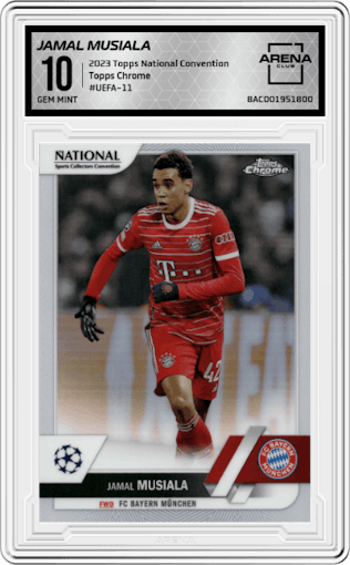 Jamal Musiala from the 2023 Topps National Convention Wrapper Redemption  set graded by Arena Club and given an overall grade of 10.