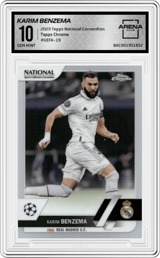 Karim Benzema from the 2023 Topps National Convention Wrapper Redemption  set graded by Arena Club and given an overall grade of 10.