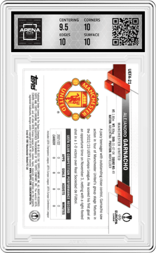 Alejandro Garnacho from the 2023 Topps National Convention Wrapper Redemption  set graded by Arena Club and given an overall grade of 10.