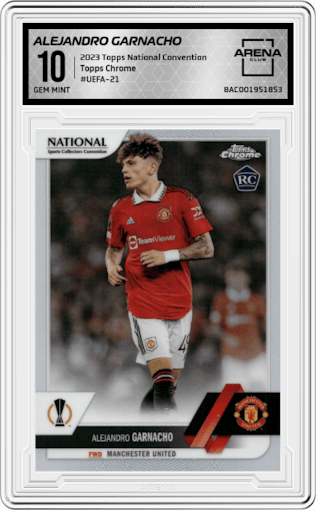 Alejandro Garnacho from the 2023 Topps National Convention Wrapper Redemption  set graded by Arena Club and given an overall grade of 10.