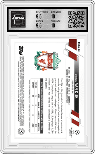 Virgil Van Dijk from the 2023 Topps National Convention Wrapper Redemption  set graded by Arena Club and given an overall grade of 10.