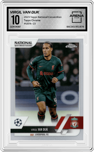 Virgil Van Dijk from the 2023 Topps National Convention Wrapper Redemption  set graded by Arena Club and given an overall grade of 10.