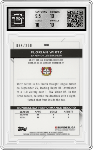 Florian Wirtz from the 2021-22 Topps Finest Bundesliga set featuring a Yellow Wave Refractor parallel graded by Arena Club and given an overall grade of 10.