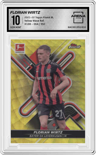 Florian Wirtz from the 2021-22 Topps Finest Bundesliga set featuring a Yellow Wave Refractor parallel graded by Arena Club and given an overall grade of 10.