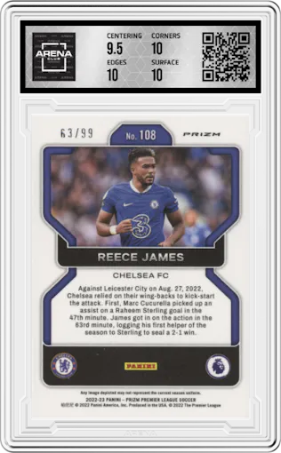 Reece James from the 2022-23 Panini Prizm Premier League set featuring a Pink Breakaway parallel graded by Arena Club and given an overall grade of 10.