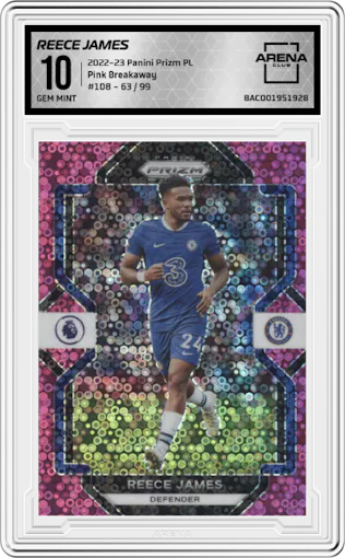 Reece James from the 2022-23 Panini Prizm Premier League set featuring a Pink Breakaway parallel graded by Arena Club and given an overall grade of 10.
