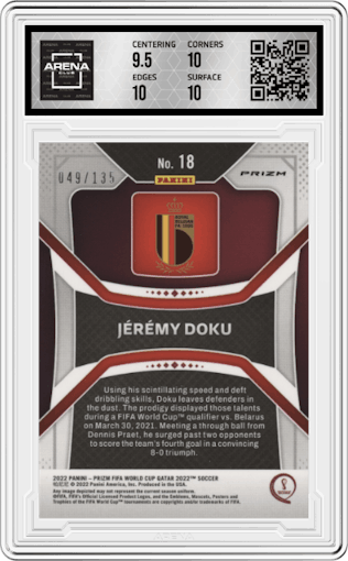 Jeremy Doku from the 2022 Panini Prizm FIFA WC Qatar set featuring a Choice Blue parallel graded by Arena Club and given an overall grade of 10.