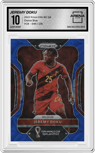 Jeremy Doku from the 2022 Panini Prizm FIFA WC Qatar set featuring a Choice Blue parallel graded by Arena Club and given an overall grade of 10.