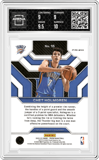 Chet Holmgren from the 2022-23 Panini Prizm  set featuring a Silver Prizm parallel graded by Arena Club and given an overall grade of 9.5.