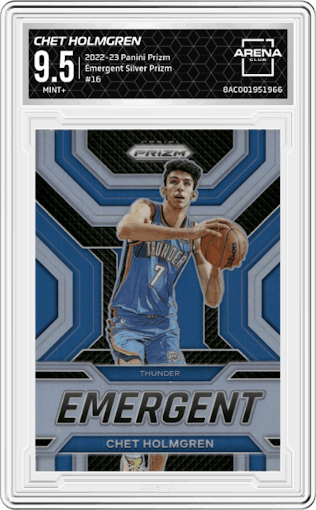 Chet Holmgren from the 2022-23 Panini Prizm  set featuring a Silver Prizm parallel graded by Arena Club and given an overall grade of 9.5.