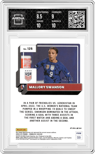 Mallory Swanson from the 2022-23 Panini Donruss  set featuring a Optic Blue parallel graded by Arena Club and given an overall grade of 9.
