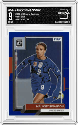 Mallory Swanson from the 2022-23 Panini Donruss  set featuring a Optic Blue parallel graded by Arena Club and given an overall grade of 9.